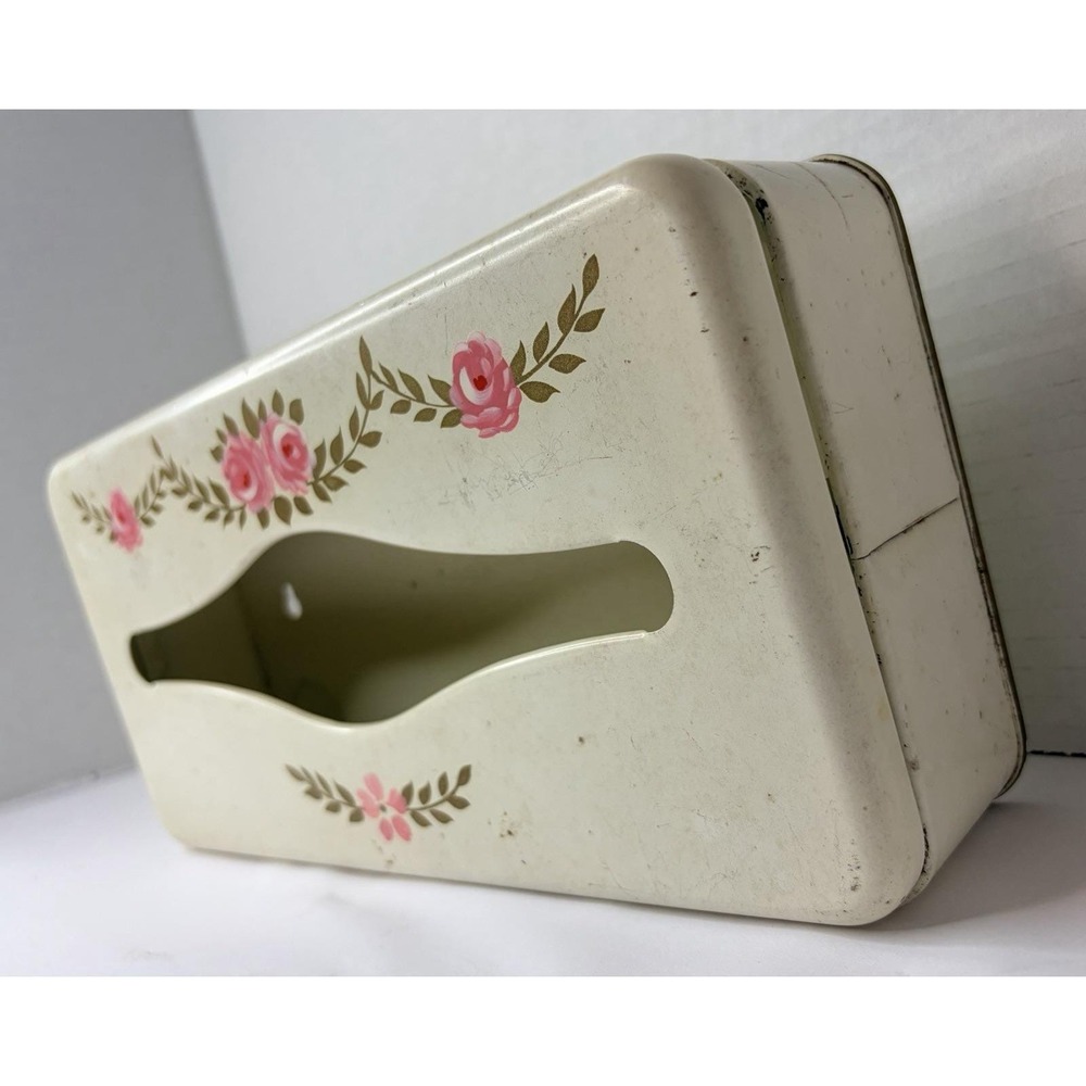 Vtg Ransburg Toleware Metal Hand Painted Roses Wall Tissue Box Holder Cover‎